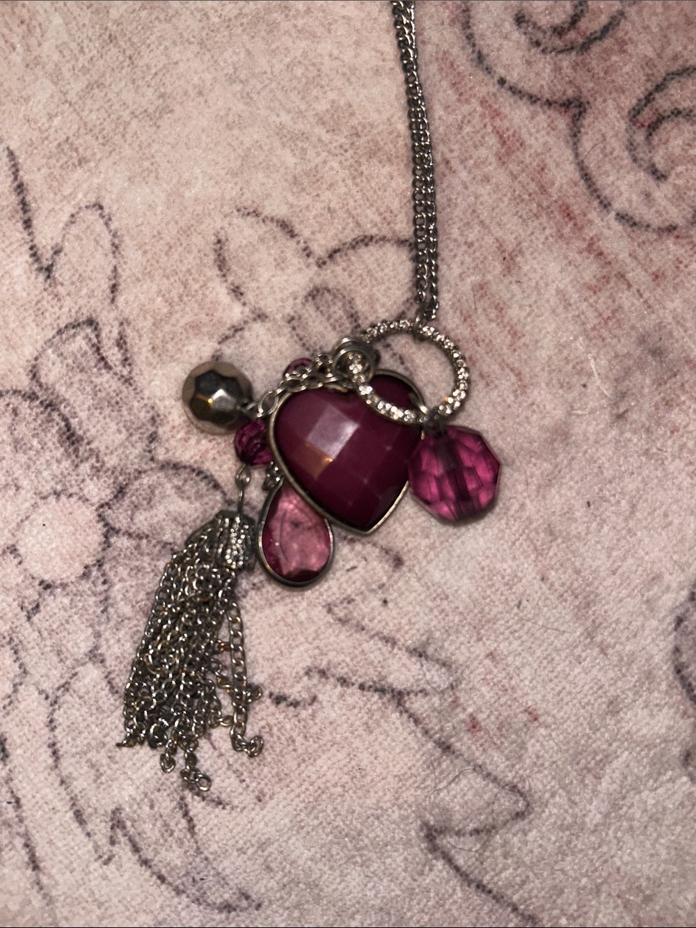 Silver Chain Necklace with Pink Heart Pendant with Earrings